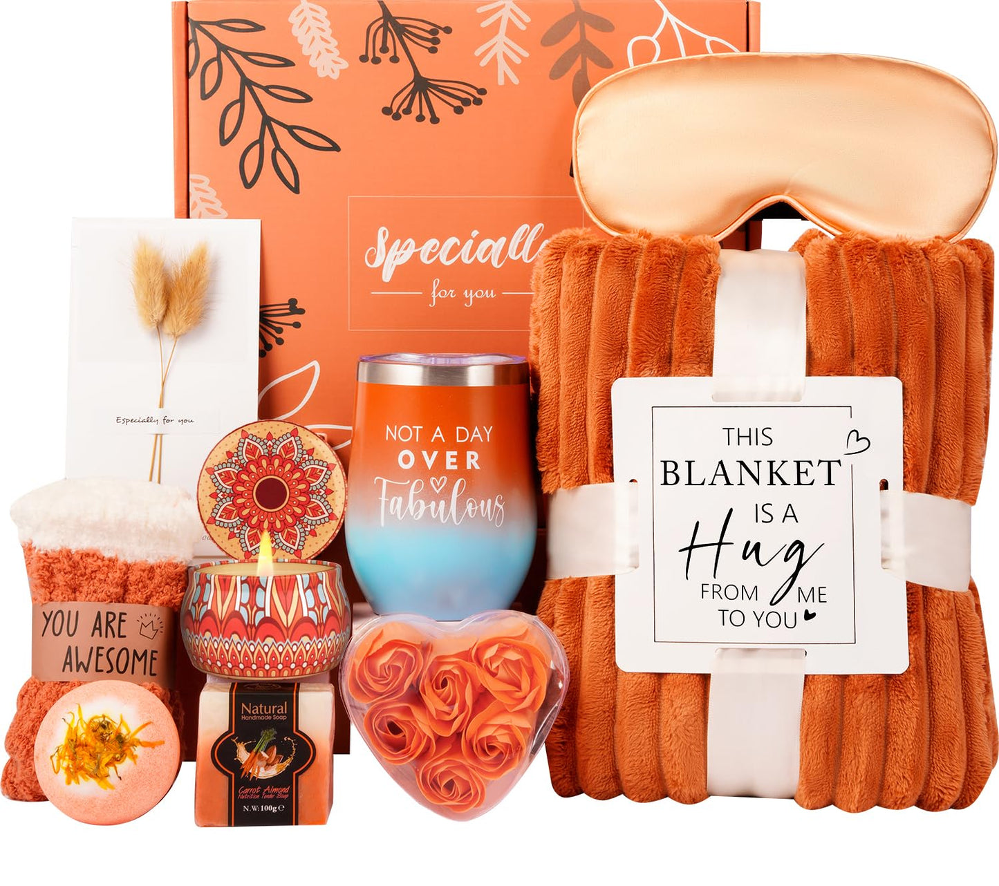 Cozy Gifts for Women Christmas,Birthday Gifts,Luxury Self Care Get Well Gifts,Relaxing Spa Gifts Basket W/Fall Throw Blanket,Orange Gifts for Women,Mom, Wife,Girlfriend,ValentineāS Day Gifts for Her